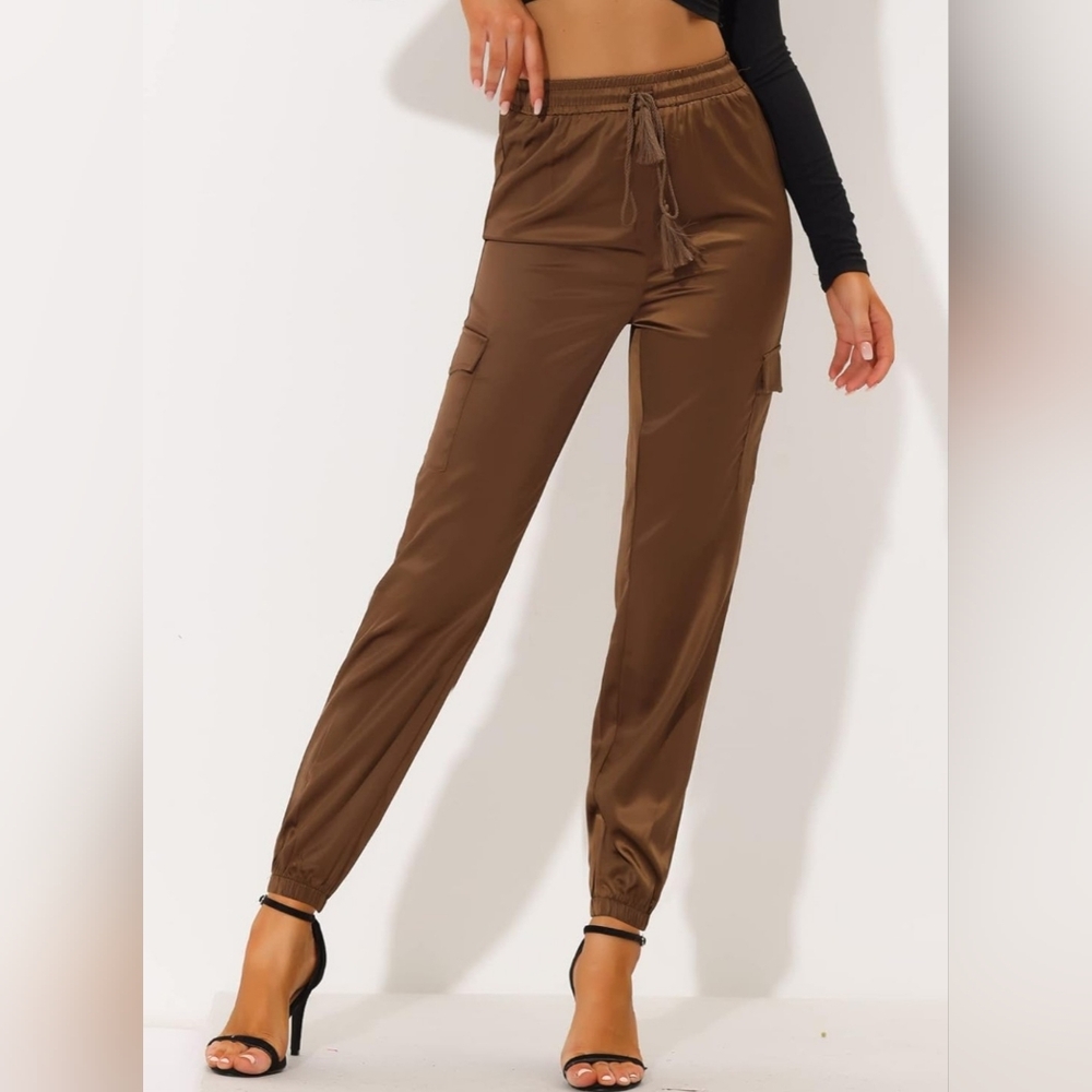 Allegra K new large Satin Joggers Drawstring Elastic High Waist